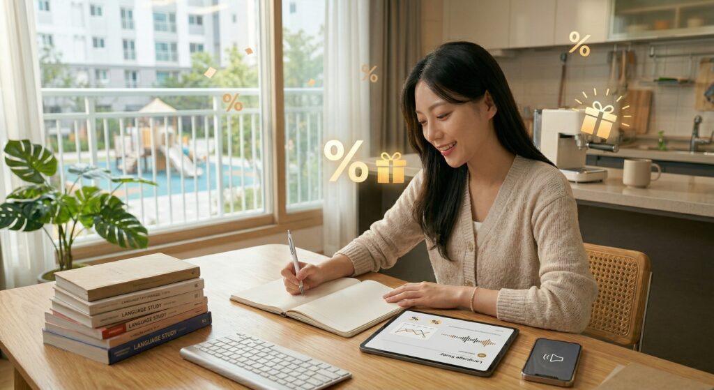 스픽 앱을 켜고 설레는 표정으로 첫 수업을 시작하는 모습